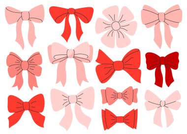 Şirin kırmızı ve pembe fiyonk takımı. Modaya uygun fiyonklar, hediye kurdeleleri. Hediye paketi için düğümler. Saç aksesuarı. El çizimi düz vektör çizimi