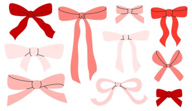 Şirin kırmızı ve pembe fiyonk takımı. Modaya uygun fiyonklar, hediye kurdeleleri. Hediye paketi için düğümler. Saç aksesuarı. El çizimi düz vektör çizimi