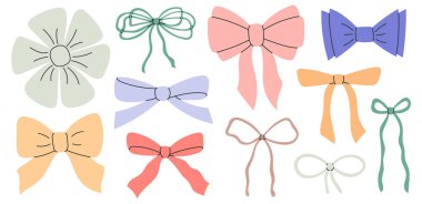 Şirin fiyonk takımı. Modaya uygun fiyonklar, hediye kurdeleleri. Hediye paketi için düğümler. Saç aksesuarı. El çizimi düz vektör çizimi