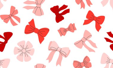 Kırmızı ve pembe fiyonklu kusursuz desen. Arkaplandaki hediye eşarpları. Baskı, tekstil, ambalaj kağıdı, moda, kumaş, duvar kağıdı, kapak için modern yay tasarımı.