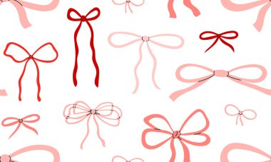 Pembe fiyonklu kusursuz bir desen. Arkaplandaki hediye eşarpları. Baskı, tekstil, ambalaj kağıdı, moda, kumaş, duvar kağıdı, kapak için modern yay tasarımı.