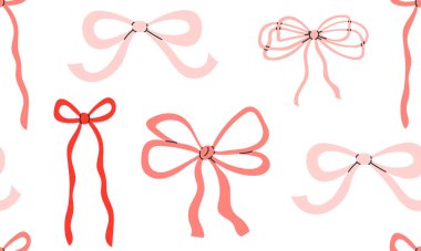 Pembe kurdeleli kusursuz desen. Arkaplandaki hediye eşarpları. Baskı, tekstil, ambalaj kağıdı, moda, kumaş, duvar kağıdı, kapak için modern yay tasarımı.