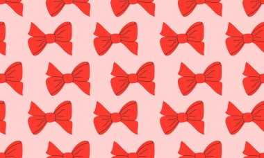 Güzel kırmızı fiyonklu kusursuz bir desen. Arkaplandaki hediye eşarpları. Baskı, tekstil, ambalaj kağıdı, moda, kumaş, duvar kağıdı, kapak için modern yay tasarımı.