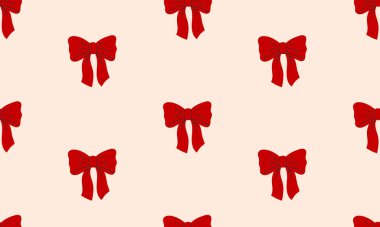 Güzel kırmızı fiyonklu kusursuz bir desen. Arkaplandaki hediye eşarpları. Baskı, tekstil, ambalaj kağıdı, moda, kumaş, duvar kağıdı, kapak için modern yay tasarımı.