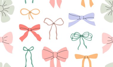 Şirin fiyonklu kusursuz desen. Arkaplandaki hediye eşarpları. Baskı, tekstil, ambalaj kağıdı, moda, kumaş, duvar kağıdı, kapak için modern yay tasarımı.