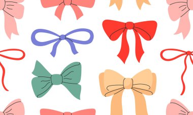 Şirin fiyonklu kusursuz desen. Arkaplandaki hediye eşarpları. Baskı, tekstil, ambalaj kağıdı, moda, kumaş, duvar kağıdı, kapak için modern yay tasarımı.