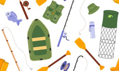 Kusursuz balık tutma şekli. Açı ve dönen ekipman arka planı. Balık, şişme lastik bot ve kürekler, net deniz, olta, makara, balık takımları, yelek, botlar. El çizimi düz vektör
