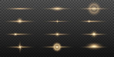 Işık efektleri. Açık sarı yıldız, yumuşak güneşli ışıltı, toz, çizgi, güneş patlaması, kıvılcım ve yıldızlar, spot ışığı, eğri. Parlak ışık huzmeleri. Parlak çizgiler. Vektör illüstrasyonu