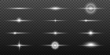 Işık efektleri. Açık beyaz yıldız, yumuşak güneşli ışıltı, toz, çizgi, güneş patlaması, kıvılcım ve yıldızlar, spot ışığı, eğri. Parlak çizgiler. Parlak ışık huzmeleri. Vektör illüstrasyonu