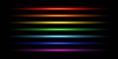 Parlayan neon çizgiler. Lazer ve parlak neon ışık. Sarı, turuncu, kırmızı, pembe, mavi, mor, menekşe, yeşil parlamalar Vektör illüstrasyonu