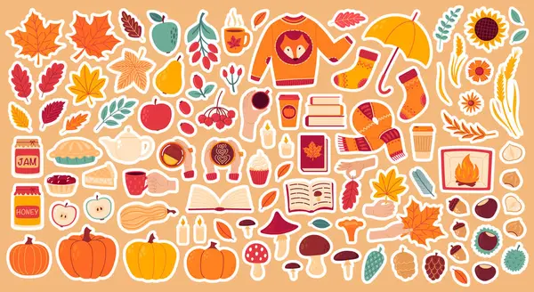 Sonbahar rahat tasarım çıkartması seti. Düşen yapraklar, yapraklar, yapraklar, böğürtlen, elma, balkabağı, mantar, örgü çorap, kazak, fular, kitaplar, ev fırını, kahve ve çay fincanı illütü