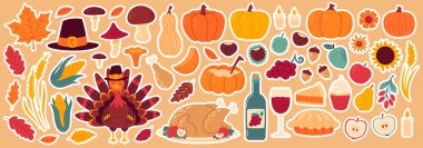 Şükran Günü çıkartması seti. Sonbahar tatili. Geleneksel yemek, hasat festivali, balkabağı, hindi ve turta, mısır, şarap, mum, hacı şapkası ve hasat