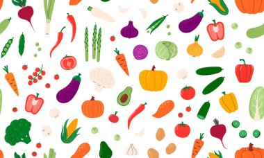 Sebzelerle kusursuz desen. Sağlıklı vejetaryen yemek geçmişi. Organik doğal ürünler. Tarım ürünü, hasat. El çizimi düz vektör