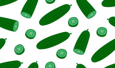 Taze salatalıklı kusursuz desen. Tam salatalık, doğranmış ve dilimlenmiş. Sebze geçmişi. Sağlıklı vejetaryen yemekleri. El çizimi düz vektör