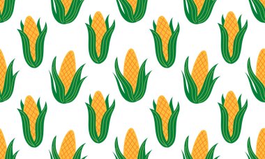 Mısırla kusursuz desen. Sebze geçmişi. Sağlıklı vejetaryen yemekleri. El çizimi düz vektör