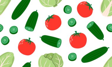 Lahana, domates ve salatalıklı kusursuz desen. Sebze geçmişi. Sağlıklı vejetaryen yemekleri.