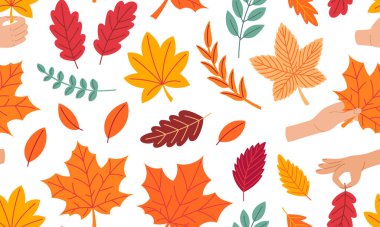 Kusursuz bir sonbahar şablonu. Sonbahar yaprakları, yapraklar. El çizimi düz vektör