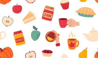 Kusursuz sonbahar şablonu. Sonbahar elmaları, balkabakları, ev fırını, pasta, pasta, reçel, bal, kahve ve çay fincanı. El çizimi düz vektör