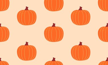 Balkabaklarıyla kusursuz desen. Sonbahar sıcacık arka plan. Sonbahar teması, Cadılar Bayramı, Şükran Günü konsepti. Düz Vektör