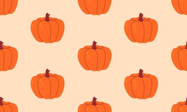 Balkabaklarıyla kusursuz desen. Sonbahar sıcacık arka plan. Sonbahar teması, Cadılar Bayramı, Şükran Günü konsepti. Düz Vektör