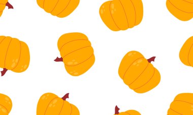 Balkabaklarıyla kusursuz desen. Sonbahar sıcacık arka plan. Sonbahar teması, Cadılar Bayramı, Şükran Günü konsepti. Düz Vektör