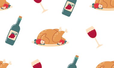 Şükran Günü 'nün kusursuz bir düzeni var. Sonbahar tatili geçmişi. Geleneksel yemek, hasat festivali, fırında hindi ve şarap. El çizimi düz vektör