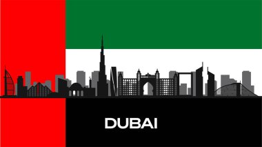 Birleşik Arap Emirlikleri bayrağındaki önemli binaların silueti. Dubai 'nin ünlü binalarının vektör silueti. Stok Fotoğrafı