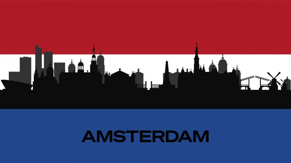 Hollanda Bayrağında Şehrin Önemli Binalarının Silueti Amsterdam Ünlü Binalarının Silueti — Stok Vektör