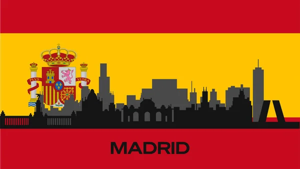 城市中悬挂西班牙国旗的重要建筑物的轮廓 马德里著名建筑的矢量轮廓 库存照片 — 图库矢量图片