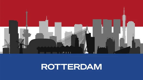 Hollanda bayrağında şehrin önemli binalarının silueti. Rotterdam 'ın ünlü binalarının silueti. Stok Fotoğrafı