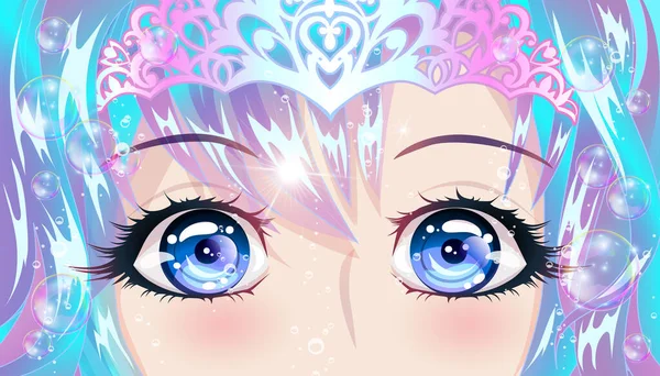 Schattig Meisje Met Blauw Haar Blauwe Ogen Anime Stijl Vectorillustratie — Stockvector