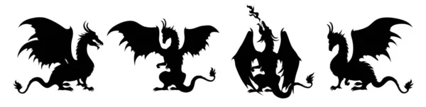 Silhouette Dragons Noirs Avec Des Ailes Dragon Médiéval Illustration Vectorielle — Image vectorielle