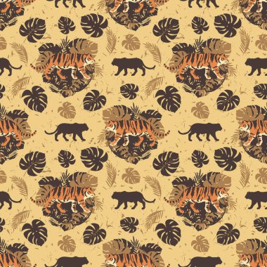 Tropik yaprakların arka planındaki kaplanlar. Kusursuz desenli. Tropik yaprakların arka planında kaplanlar. Vektör resmi.