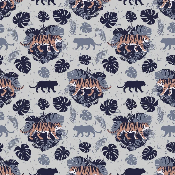 Tigre Sur Fond Feuilles Tropicales Motif Sans Couture Tigre Sur — Image vectorielle
