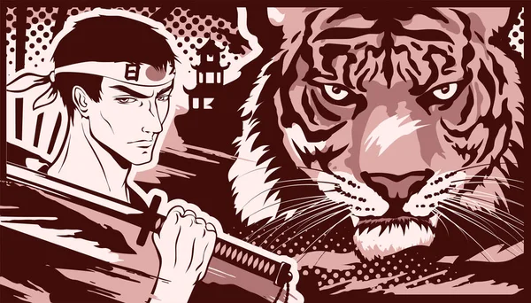 Samurai Mann Mit Katana Und Tiger Manga Und Anime Stil — Stockvektor