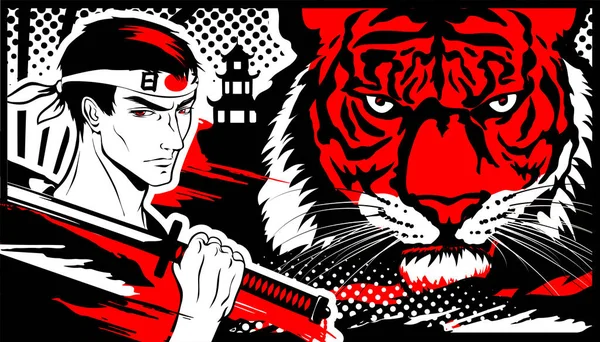 Samurai Pria Dengan Katana Dan Harimau Dalam Manga Dan Gaya - Stok Vektor