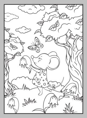 Cute mouse with a butterfly on a summer lawn. Coloring page. Vector black and white image.