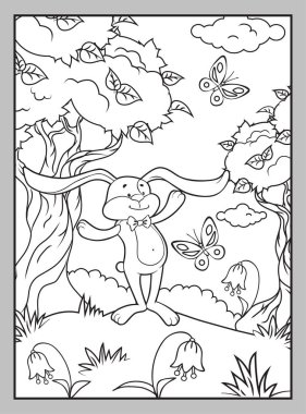 Cute bunny with a butterfly on a summer lawn. Coloring page. Vector black and white image.