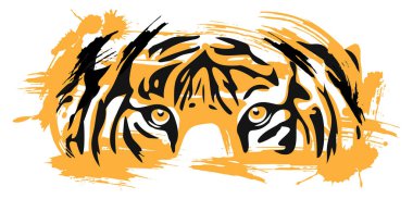 Look tiger. Tiger eye illustration with brush strokes and blots. Vector image.
