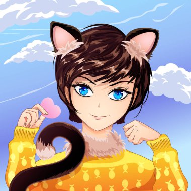 Cute portrait of a girl with cat ears and tail. Cat girl is holding a valentine. Vector illustration in anime style.