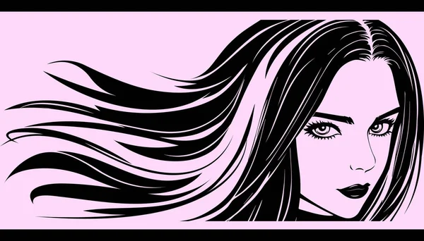 明るい化粧でモデルの外観の美しい若い女の子 ピンクの背景から隔離された長い黒い髪の少女のベクトル画像 — ストックベクタ