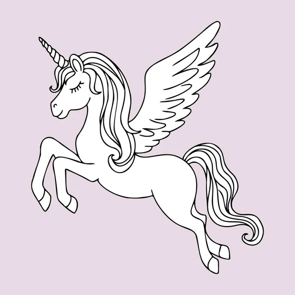 Tangan Ditarik Terbang Unicorn Magis Citra Hitam Dan Putih Untuk - Stok Vektor