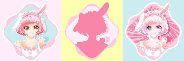ピンクの髪とウサギの耳を持つかわいい女の子の肖像画 アニメ風のベクターイラスト — ストックベクタ