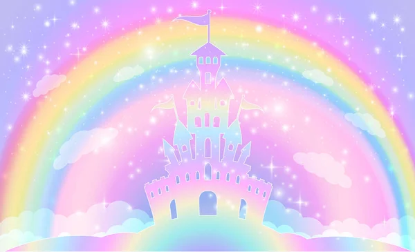 Σιλουέτα Ενός Μαγικού Κάστρου Φόντο Ουράνιου Τόξου Αστέρια Εικονογράφηση Πριγκίπισσα — Διανυσματικό Αρχείο