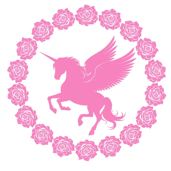 Jednorożec Skrzydłami Wieńcu Róż Wektor Różowy Romantyczny Pegasus Sylwetka — Wektor stockowy