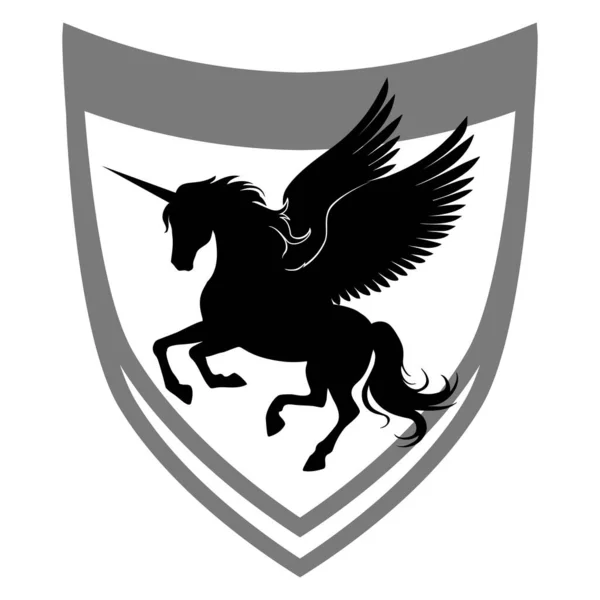 Jednorożec Skrzydłami Tarczy Sylwetka Wektora Pegasusa Czarno Biały Obraz Oddzielony — Wektor stockowy