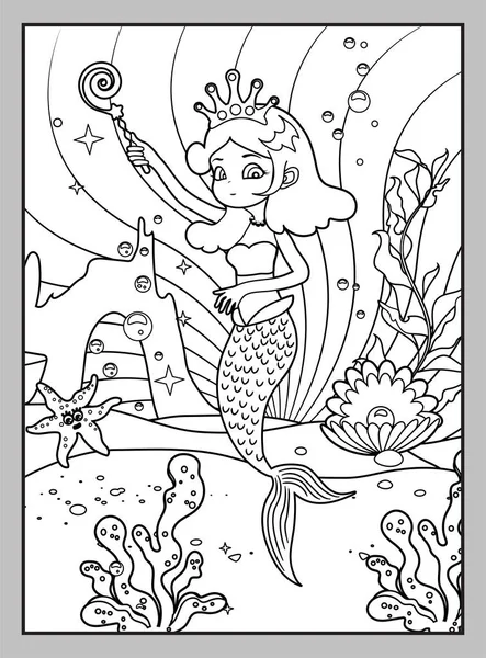 Cute Little Mermaid Coloring Page Vector Black White Image Coloring — Stock Vector