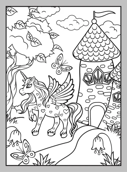 Cute Unicorn Hearts Castle Summer Lawn Coloring Page Vector Black — Stock Vector