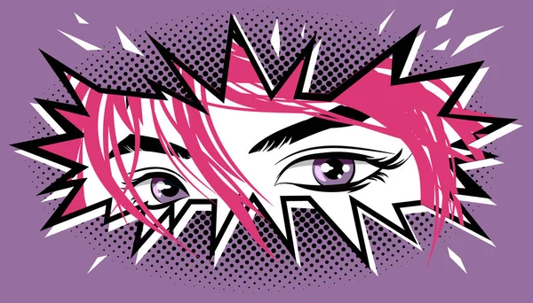 ピンク色の髪の少女の目は 漫画やアニメのスタイルで壁の亀裂からのぞき見 — ストックベクタ
