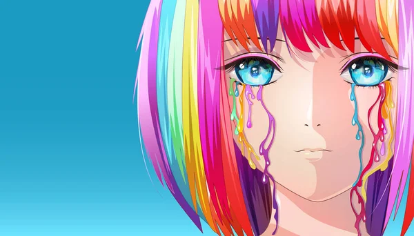 Sweet Girl Rainbow Colored Hair Blue Eyes Which Rainbow Colored — Stock Vector